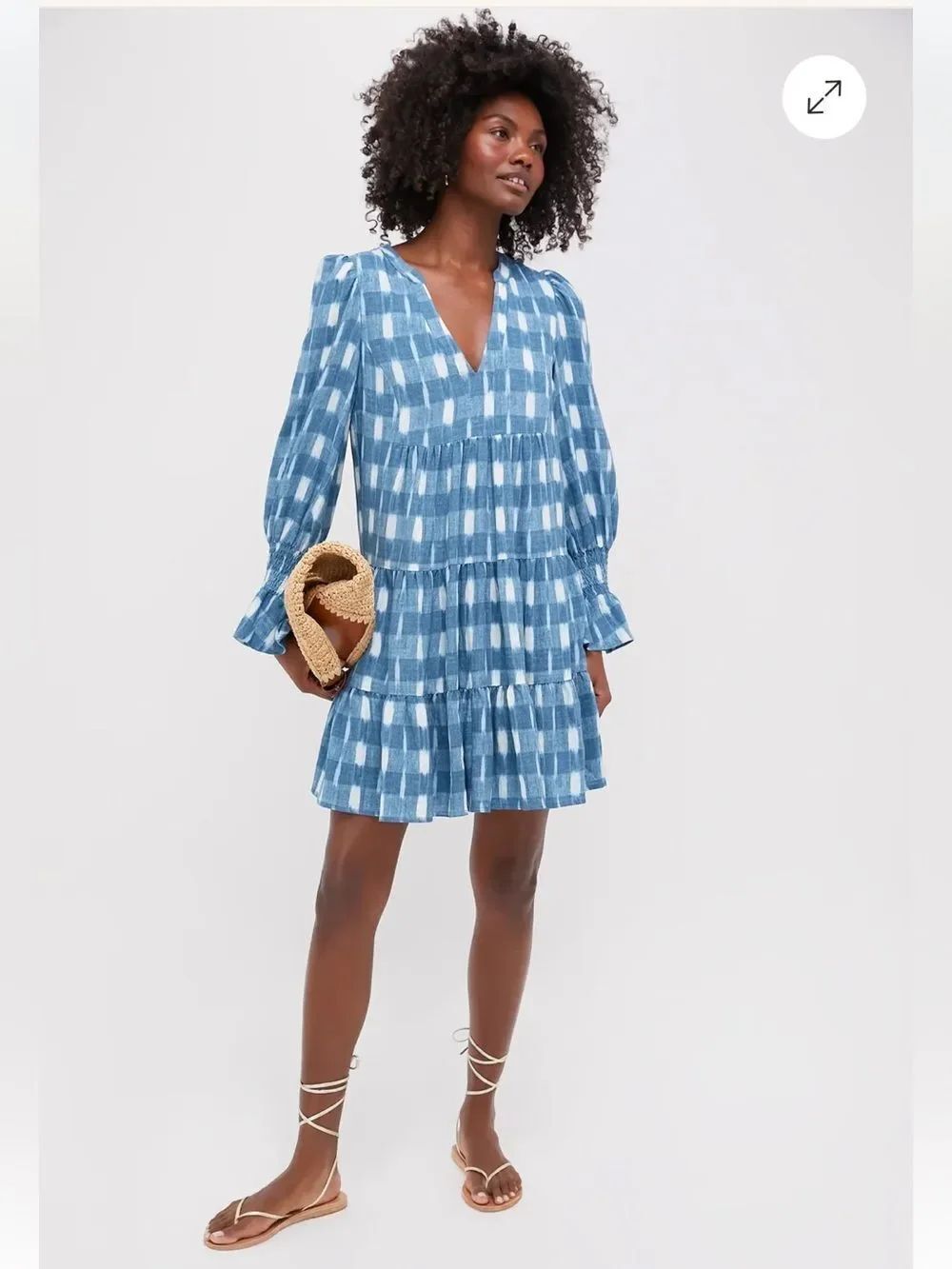 Tuckernuck x Pomander Place Blue Ikat Kenzo Dress Mini Tiered Smocked Cuff Sz L